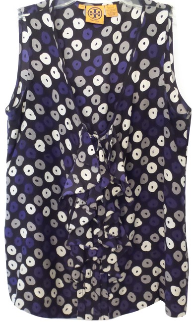 Tory Burch Black Purple Gray L New Silk Printed Ruffle Shell Blouse