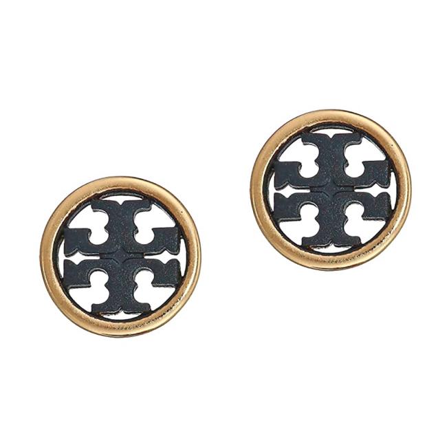 Tory Burch Black Gold Miller Circle Logo Earrings 