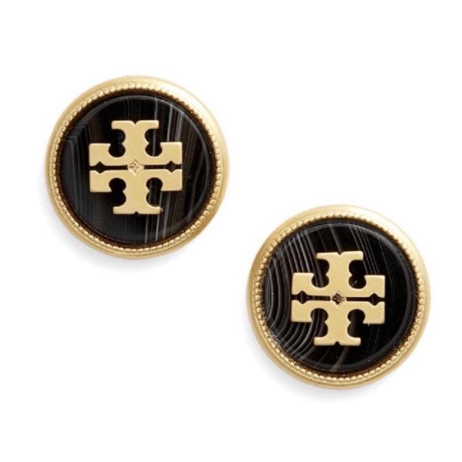 Tory Burch Black Gold Semiprecious Stone Logo Earrings 