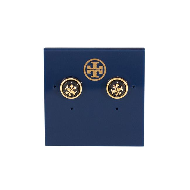 Tory Burch Black Shiny Brass Stud Melodie Logo Earrings 