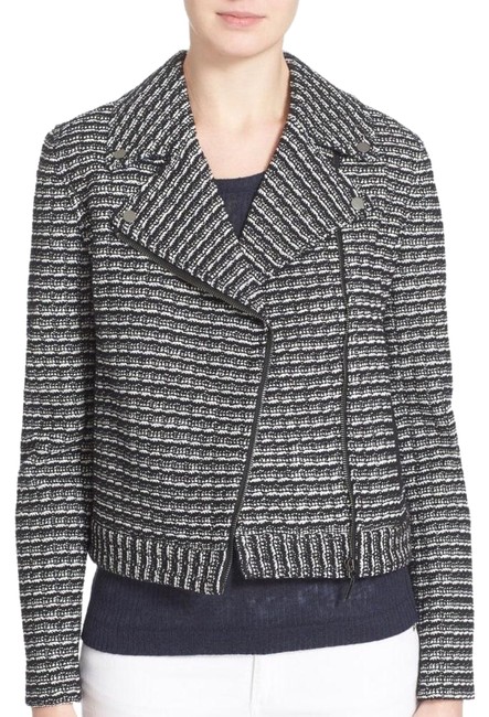 Tory Burch Black White Knit Moto Raffia Jacket Blazer  S 