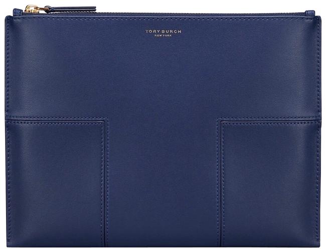 Tory Burch Block T T Travel Medium Pouch Navy Leather Clutch 