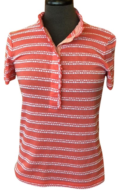 Tory Burch Pink with White Stripes Ruffle Short Sleeve Blouse