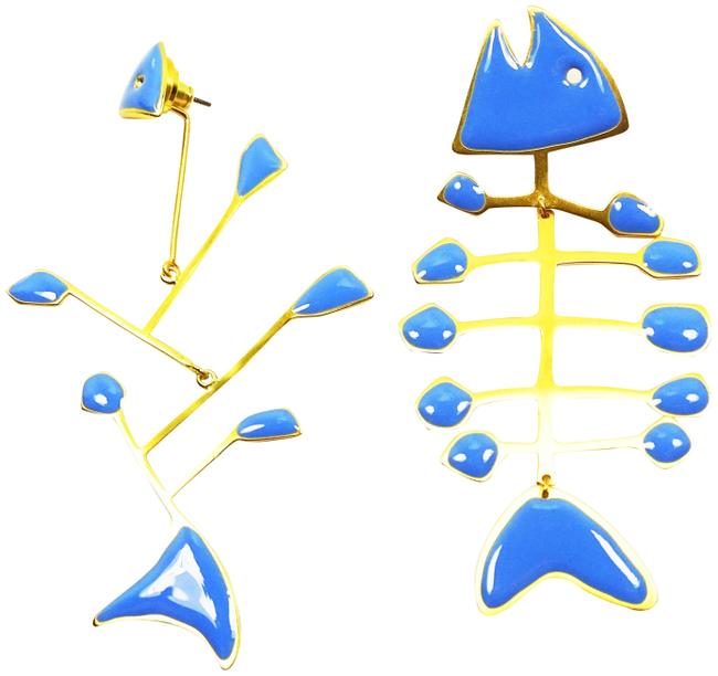 Tory Burch Blue Fish Yellow Gold Plated Enamel Mismatched Earrings 