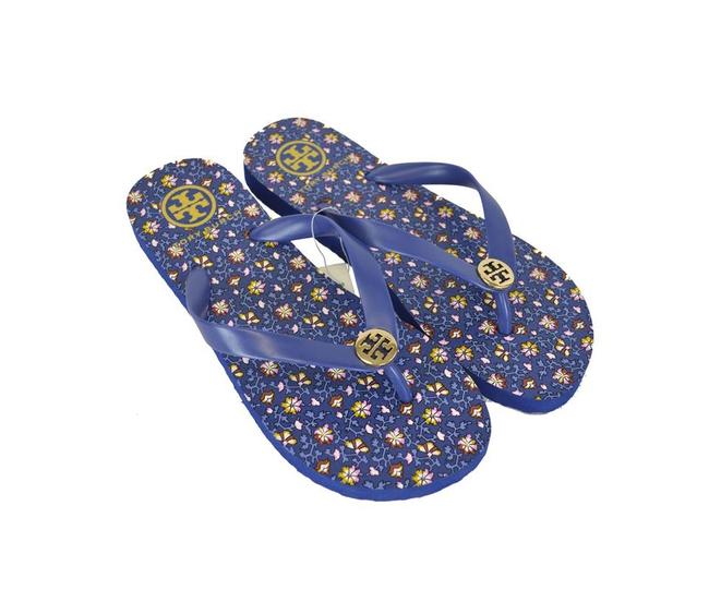 Tory Burch Blue Floral Pansy Flip Flop Sandals