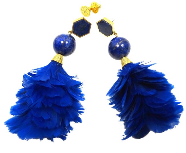 Tory Burch Blue Gold Plated Lapis Lazuli &amp Feather Statement Earrings 