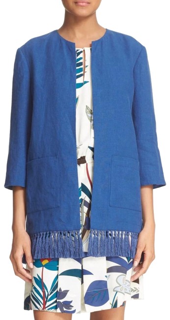 Tory Burch Blue Linen Tassel Fringe Jacket