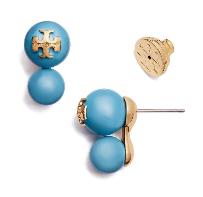 Tory Burch Blue New Crystal Double Pearl Studs Turquoise Earrings 
