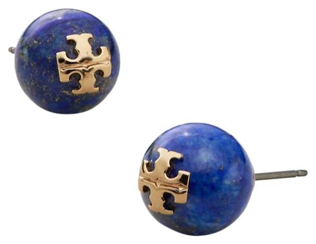 Tory Burch Blue Stud Gemstone Lapis Pearl Logo Earrings 
