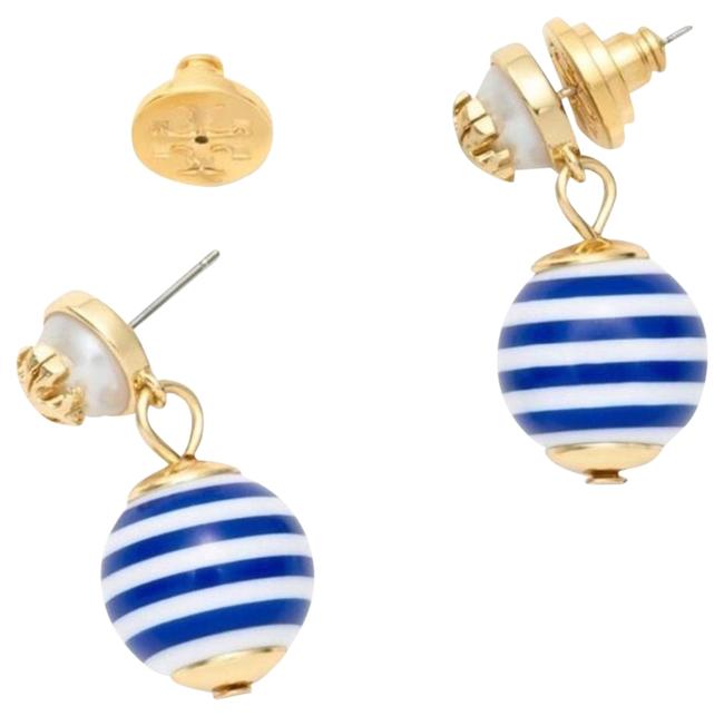 Tory Burch Bluegold * Saher Logo Striped Drop Earrings 