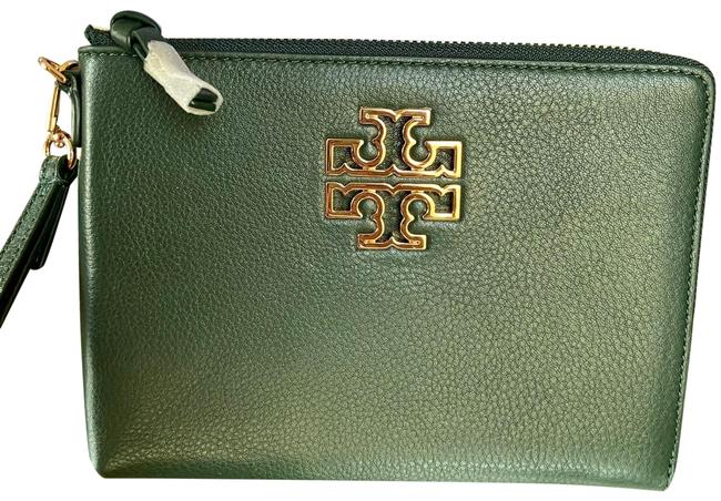 Tory Burch Britten Large Soft Zip Pouch Jitney Green Calfskin Leather Clutch 