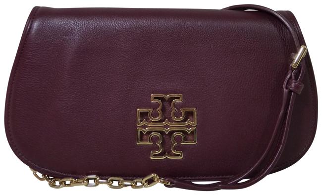 Tory Burch Britten Red Agate Clutch Coss Body Burgundy Wine Leather Clutch 