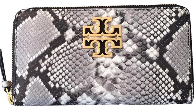 Tory Burch Britten Wallet Black &amp Grey Embossed Snake Leather Clutch 