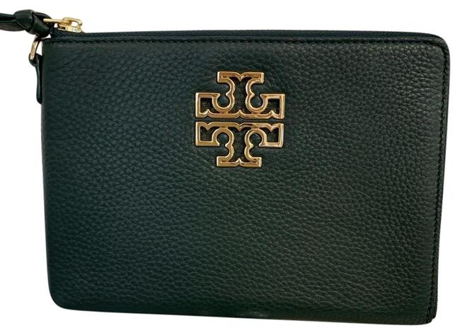 Tory Burch Britten Zip Pouch Wristlet Pebbled Jitney Green Leather Clutch 