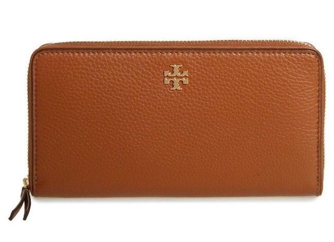Tory Burch Brown New Gold Logo Leather Large Bag Zip Wallet 