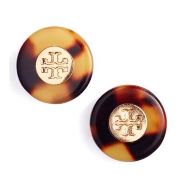 Tory Burch Brown Gold Stud Logo Tortoise Earrings 