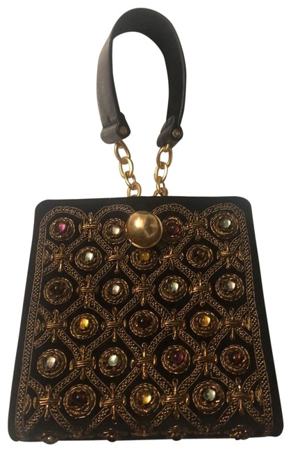 Tory Burch Cabochon with Brushed Gold Black Lambskin Leather Wristlet 