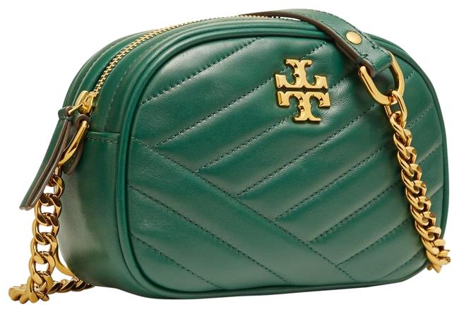 Tory Burch Camera Kira Chevron Green Lambskin Leather Cross Body Bag 