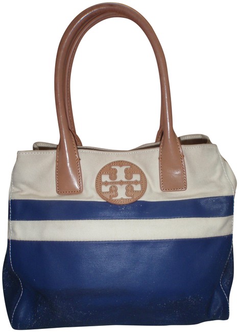 Tory Burch Canvas Leather Blue Cream Canvas Leather Tote 