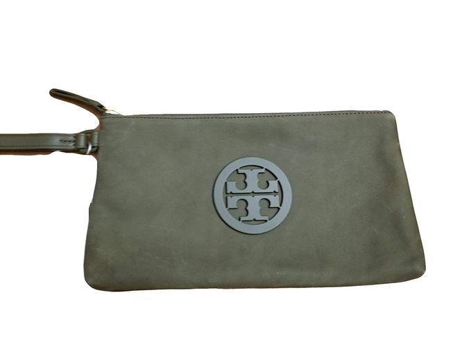 Tory Burch Charlie Logo Wristlet Nubuck Leccio Green Suede Leather Clutch 