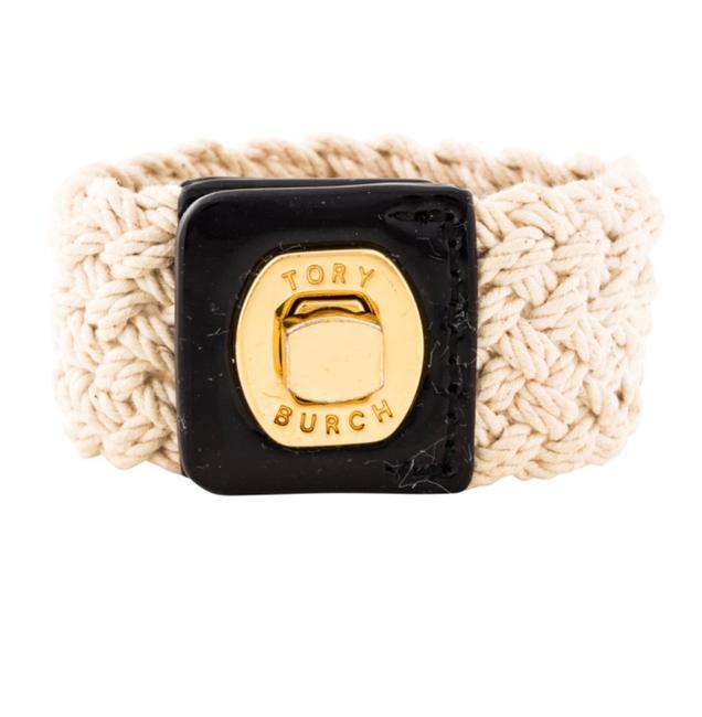 Tory Burch Cream Black &amp Gold Turn Lock Woven Bracelet Earrings 