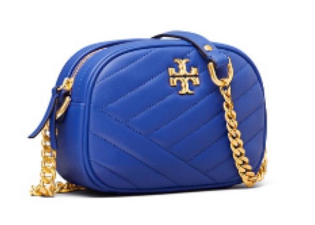 Tory Burch Camera Kira Chevron Small In Nautical Blue Leather Shoulder Bag 