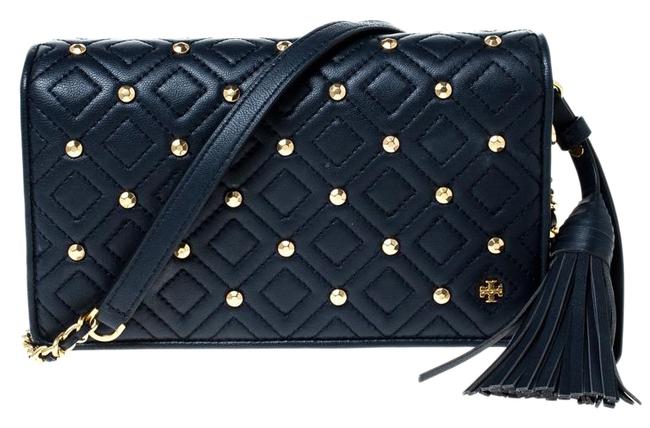 Tory Burch Crossbody Fleming Stud Quilted Navy Blue Leather Shoulder Bag 