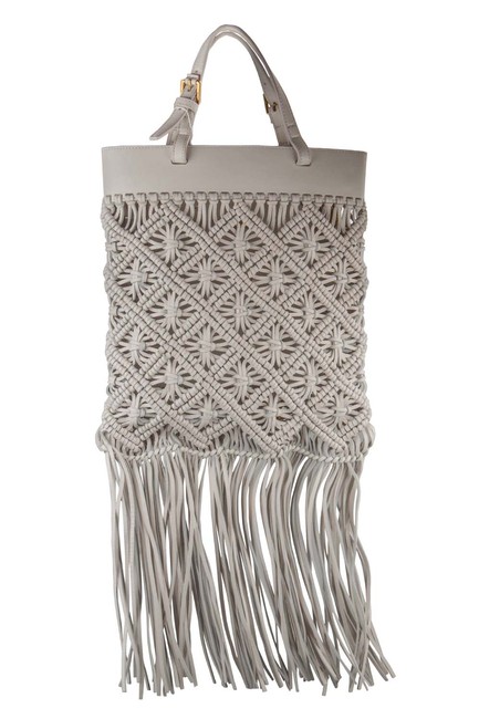 Tory Burch Crossbody Macrame Fringe White Leather Shoulder Bag 