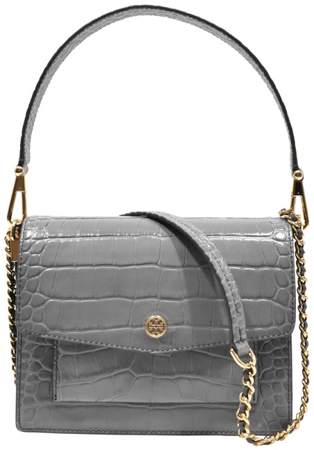 Tory Burch Crossbody Robinson Embossed Light Gray Leather Shoulder Bag 
