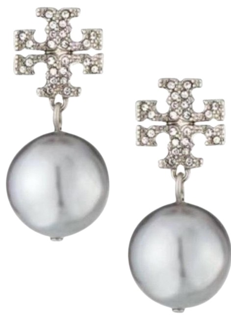 Tory Burch Crystal Pearl Logo Drop In Silver Earrings 
