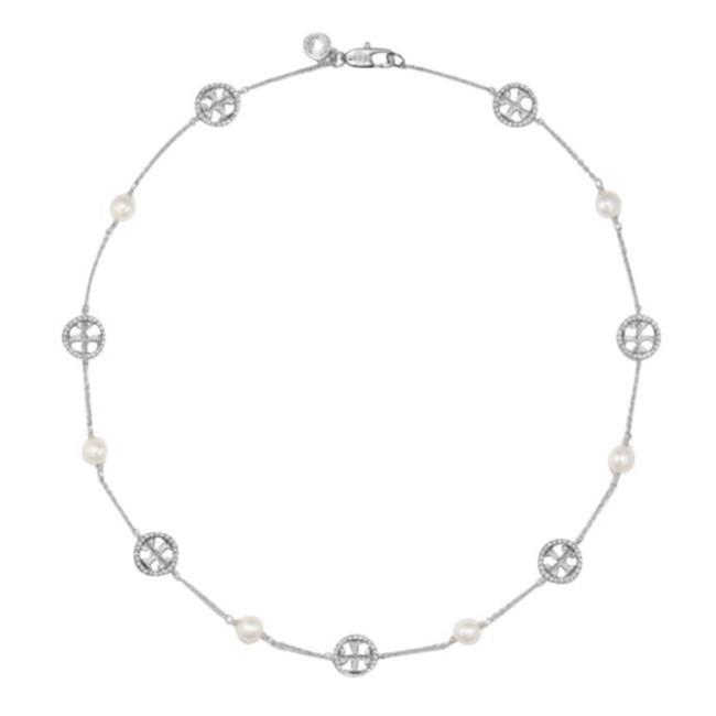 Tory Burch Crystal Pearl Logo Necklace 