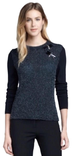 Tory Burch Dragonfly Embellished Metallic Green Navy Sweater 