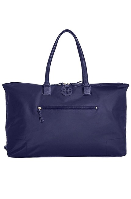 Tory Burch Ella Packable Overnight Satchel Navy Nylon Leather Tote 