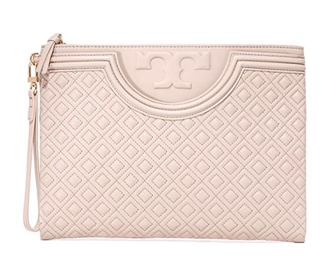 Tory Burch Fleming Large Pouch Shell Pink Leather Clutch 