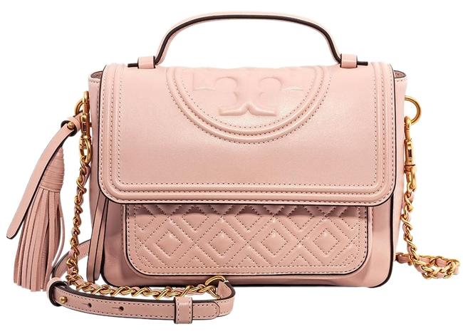 Tory Burch Fleming Satchel Shell Pink Quilted Leather Cross Body Bag 