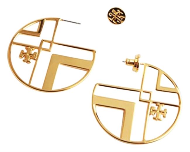 Tory Burch Gold 16k Chevron Cut Out Logo Hoops Earrings 