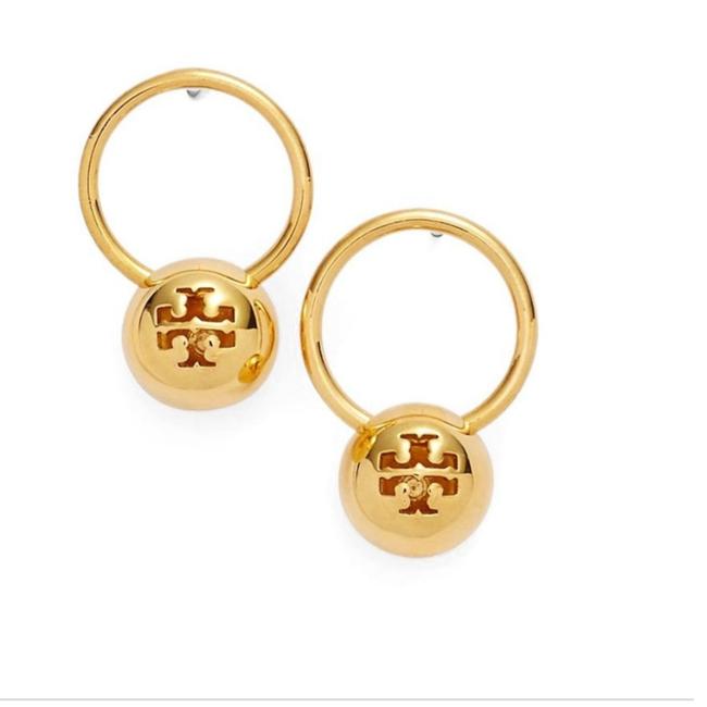 Tory Burch Gold Bead Logo Hoops Earrings 