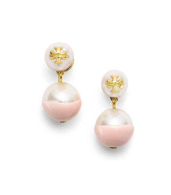 Tory Burch Gold Dipped Evie Drop In Pink &amp Ivory Earrings 