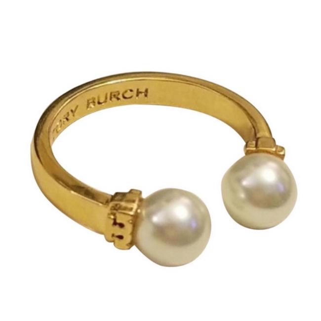 Tory Burch Gold Glass Pearl Logo Ring 