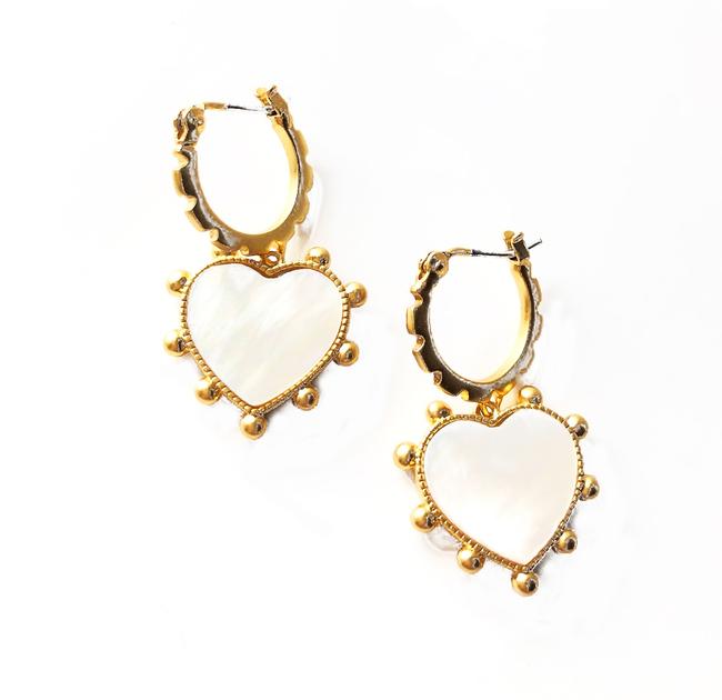 Tory Burch Gold Heart New Semi Precious Mother Of Pearl Drop Earrings 