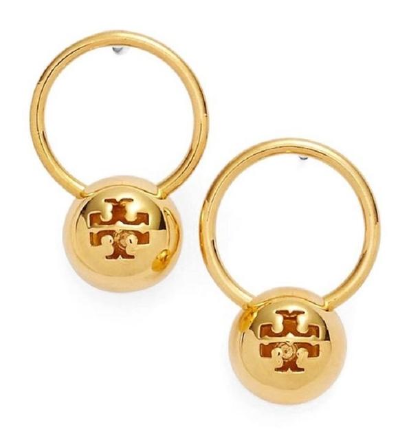 Tory Burch Gold Logo Bead Hoop Drop Earrings 