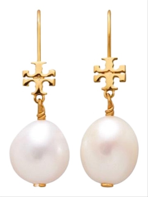 Tory Burch Gold Logo Pearl Drop Earrings 