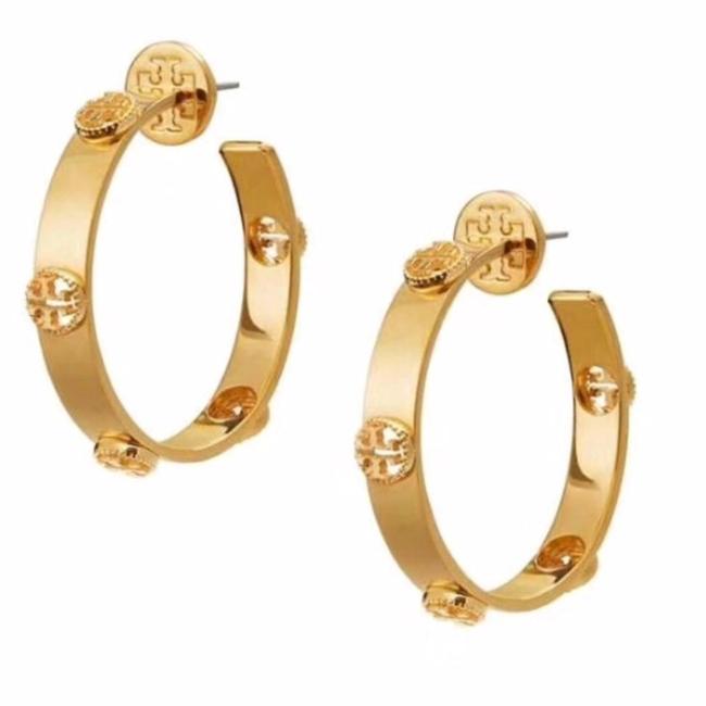 Tory Burch Gold Milgrain Logo Hoop Earrings 