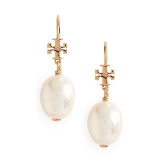 Tory Burch Gold Pearl Drop Logo Earrings 