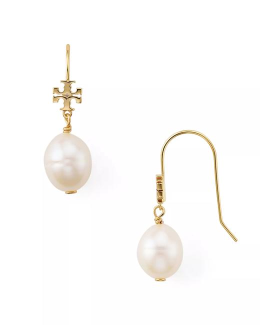 Tory Burch Gold Pearl Logo Earrings 
