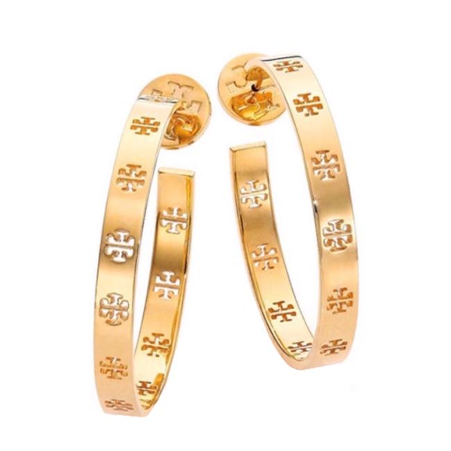 Tory Burch Gold Signature Logo Pierced Hoops Earrings 