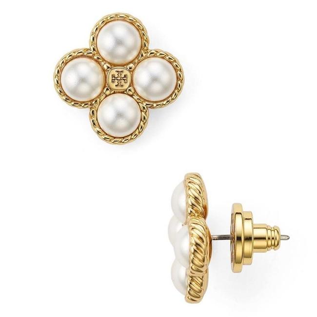 Tory Burch Gold Stud Clover Rope Pearl Earrings 
