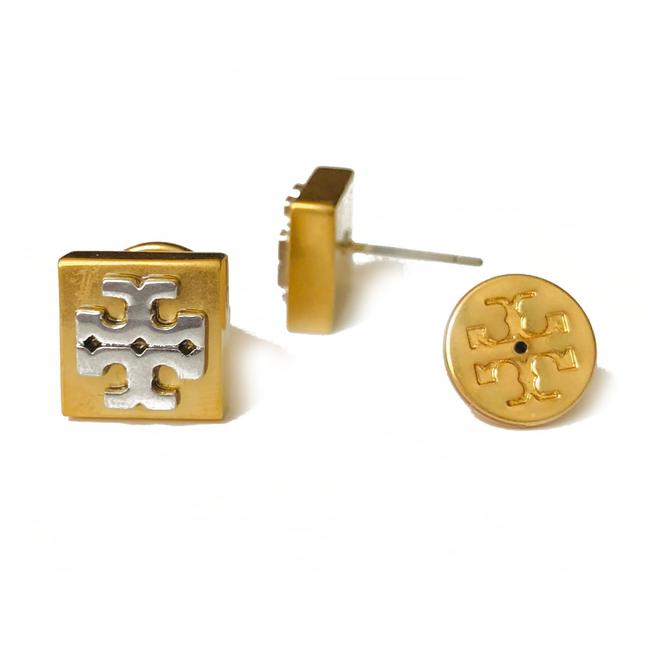Tory Burch Gold Stud T Block T logo Brass Silver Earrings 