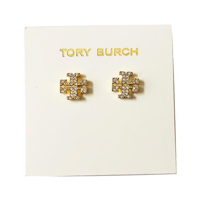 Tory Burch Gold Stud T Crystal Pave Small T logo Earrings 