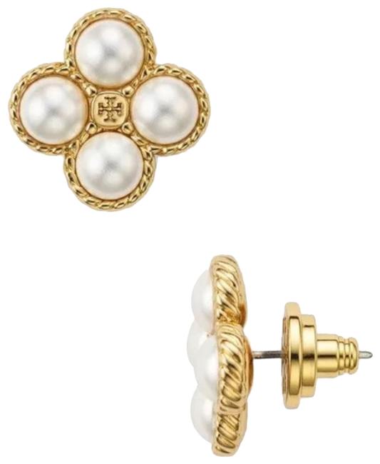 Tory Burch Gold T Rope Clover Pearl Logo Earrings 